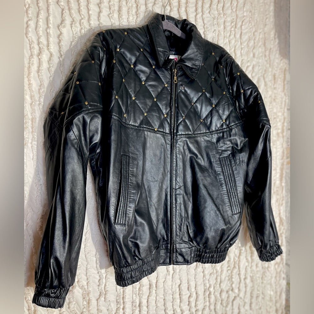 Vintage 90s Bagazio Quilted and Studded Black Leather Bomber